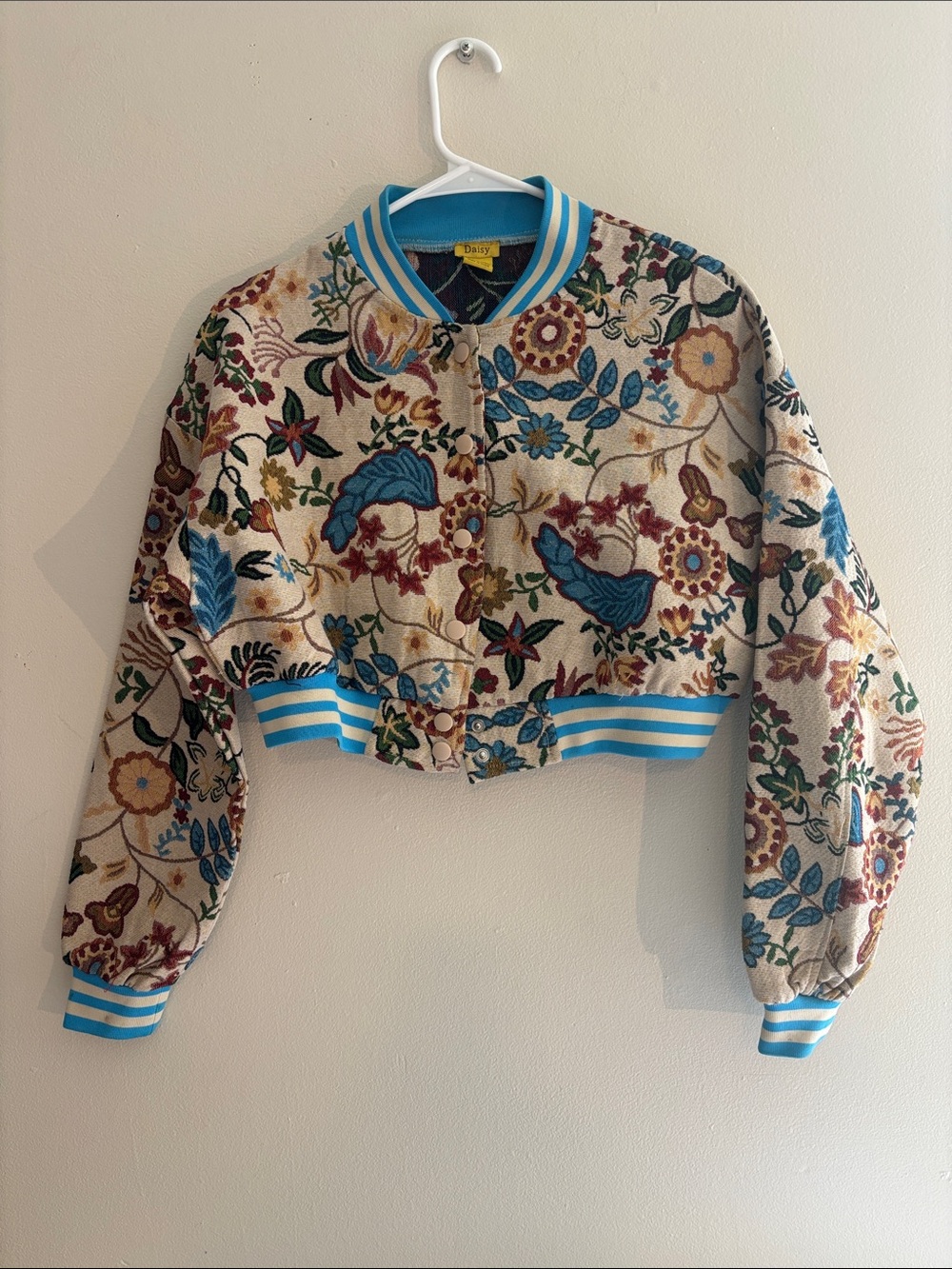 Daisy Cropped Floral Varsity Jacket in Cream & Blue